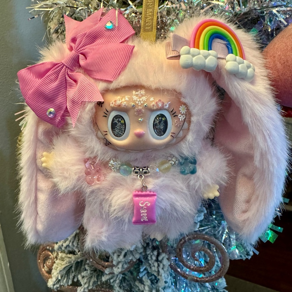 Custom Labubu Bunny 🐰 Adorable Pink Plush Bunny Toy with Rainbow Accents
